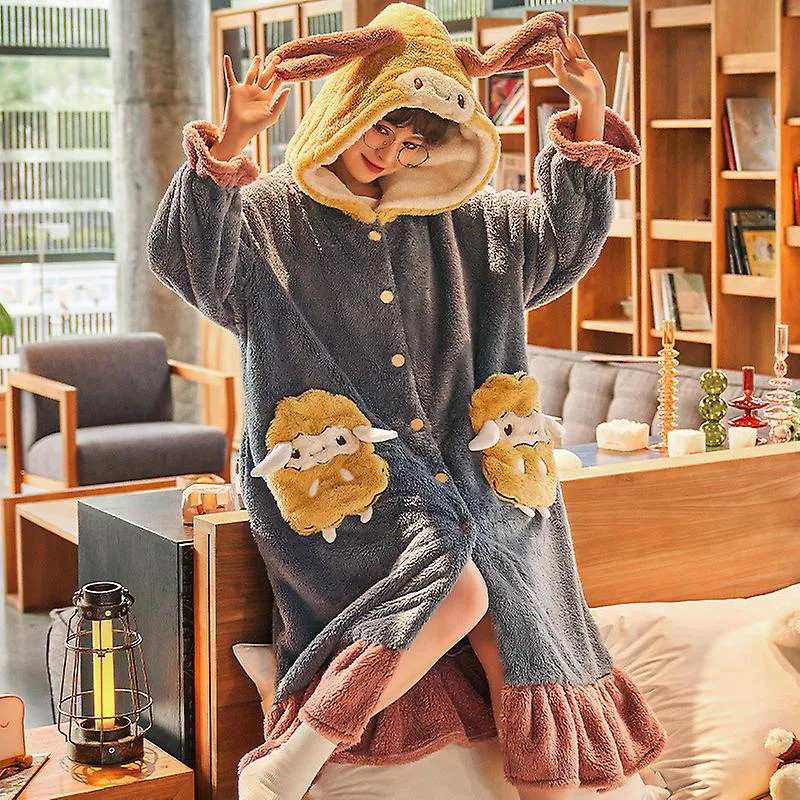 2022 Winter Pajamas For Women Cartoon Hooded Long Robe Jacket Cute Home Wear Sleepwear Kawaii Flannel Warm Comfy Lounge Bathrobe