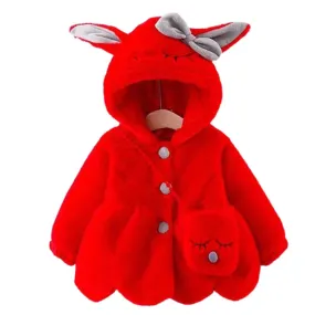 Baby Girls Winter Short Coats Cute Rabbit Ear Hooded Plush Shawl Jacket