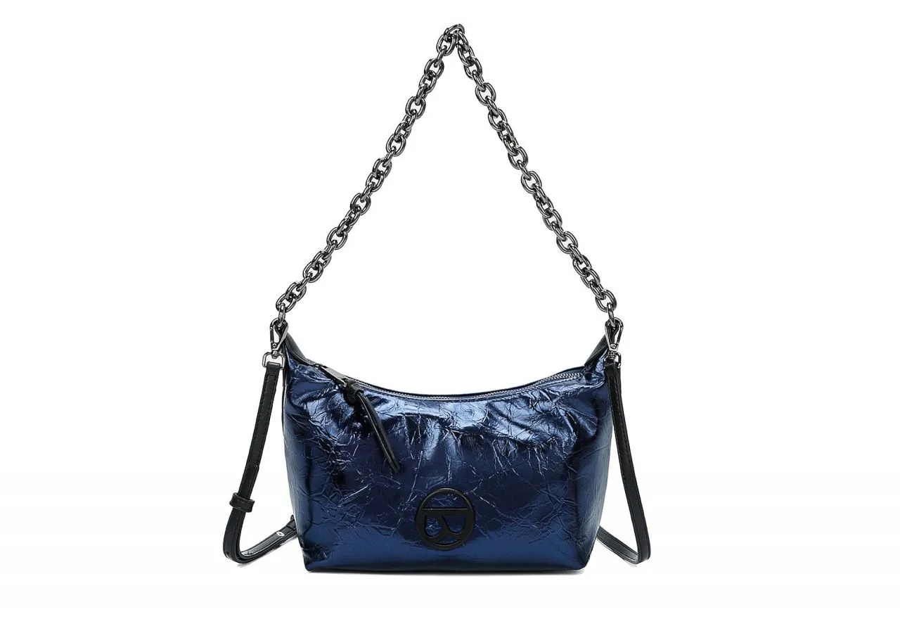 Bolso Azul Metal Logo Frontal Negro Asa Cadena Eslabones