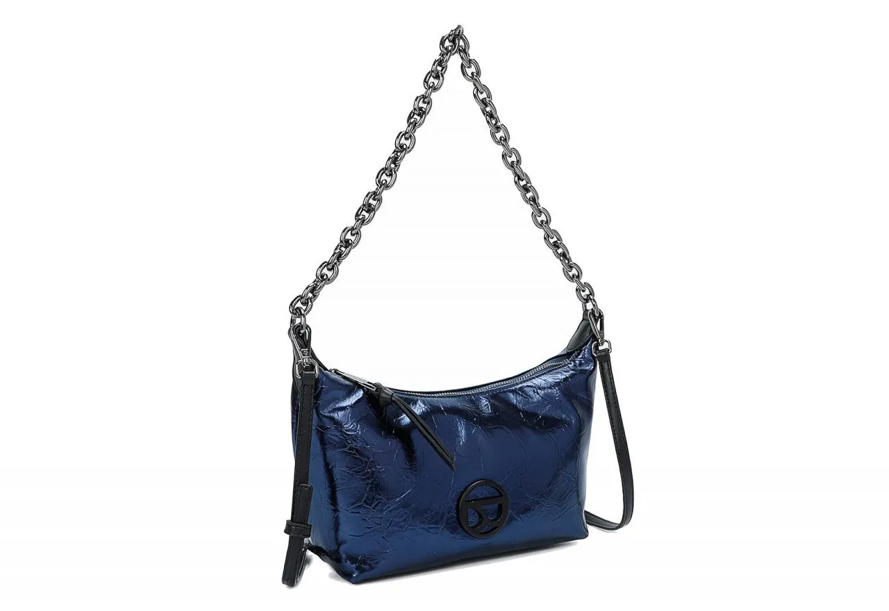 Bolso Azul Metal Logo Frontal Negro Asa Cadena Eslabones