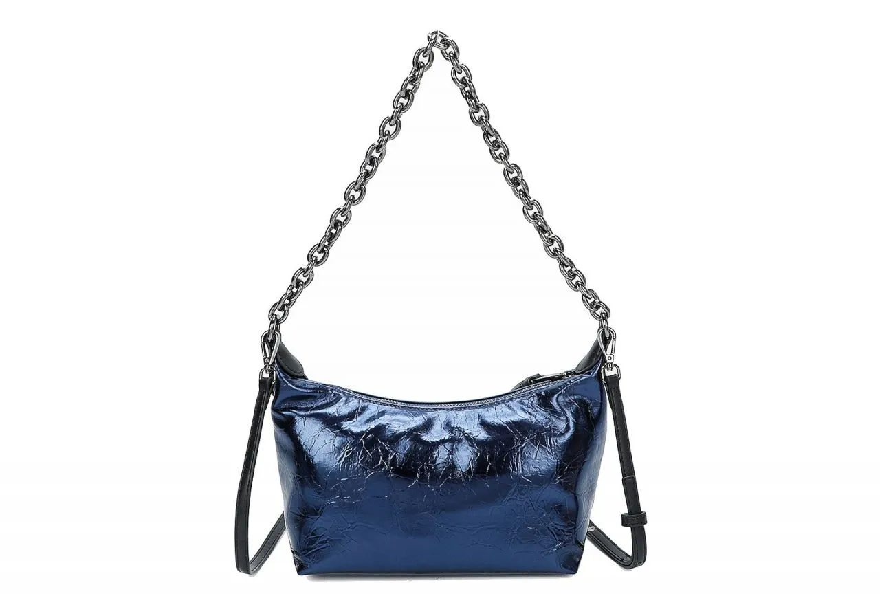 Bolso Azul Metal Logo Frontal Negro Asa Cadena Eslabones