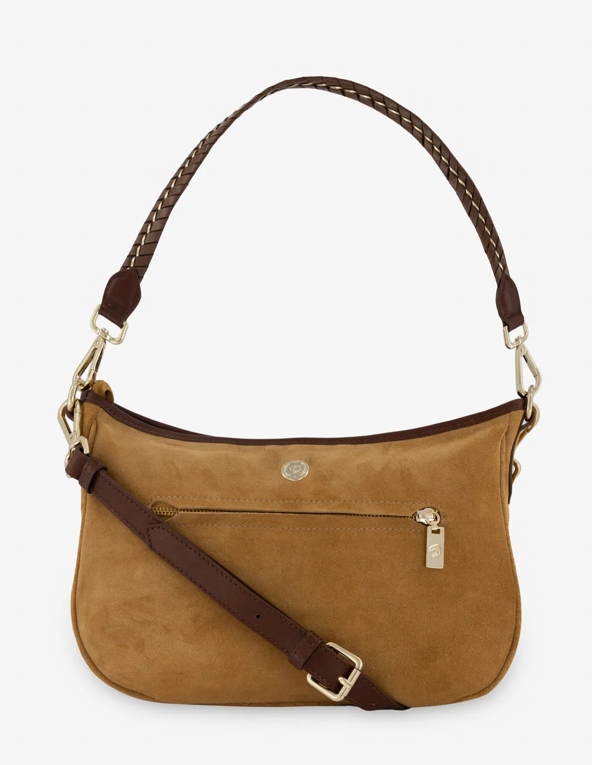 Bolso bandolera de ante con detalle de piel trenzada en color cuero para mujer