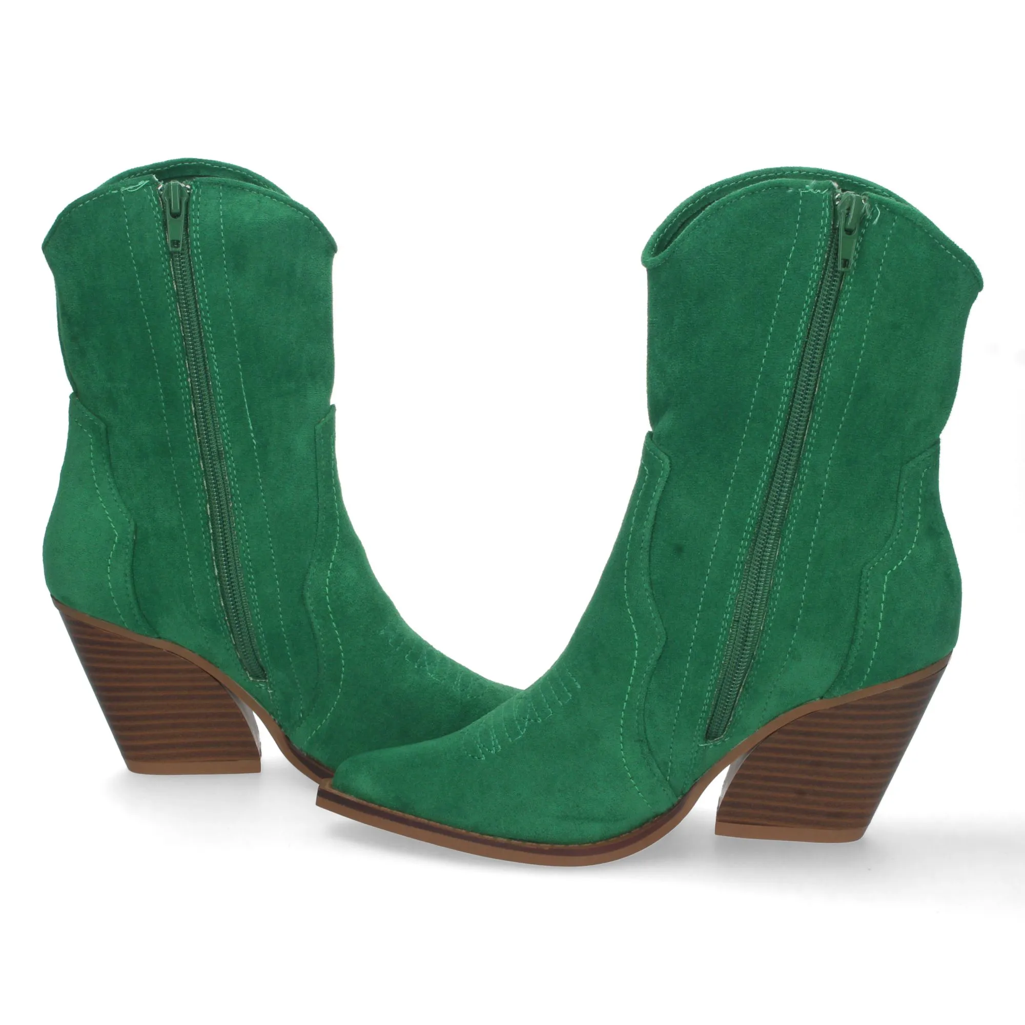 Botines cowboy para mujer tacón medio detalle bordado verde