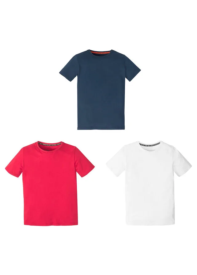 Camiseta básica para niños de algodón orgánico (3 unidades) blanco+azul marino+rojo