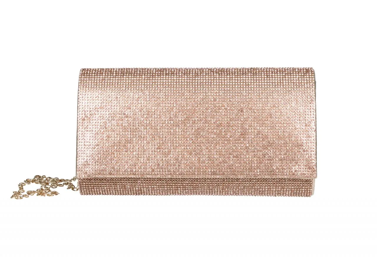 Cartera Raso Oro Rosado Brillantes Al Tono Solapa