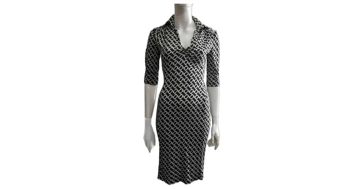 Diane Von Furstenberg Vestido de jersey de seda con eslabones de cadena Aheza vintage de DvF Blanco Gris antracita 