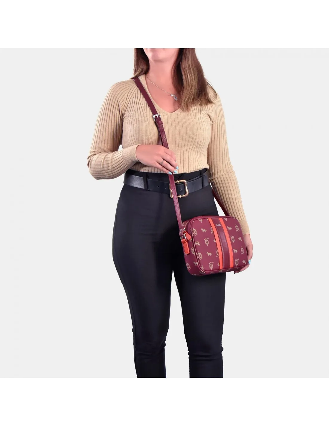 EL CABALLO Bolso bandolera con cremallera para mujer en lona estampada y piel