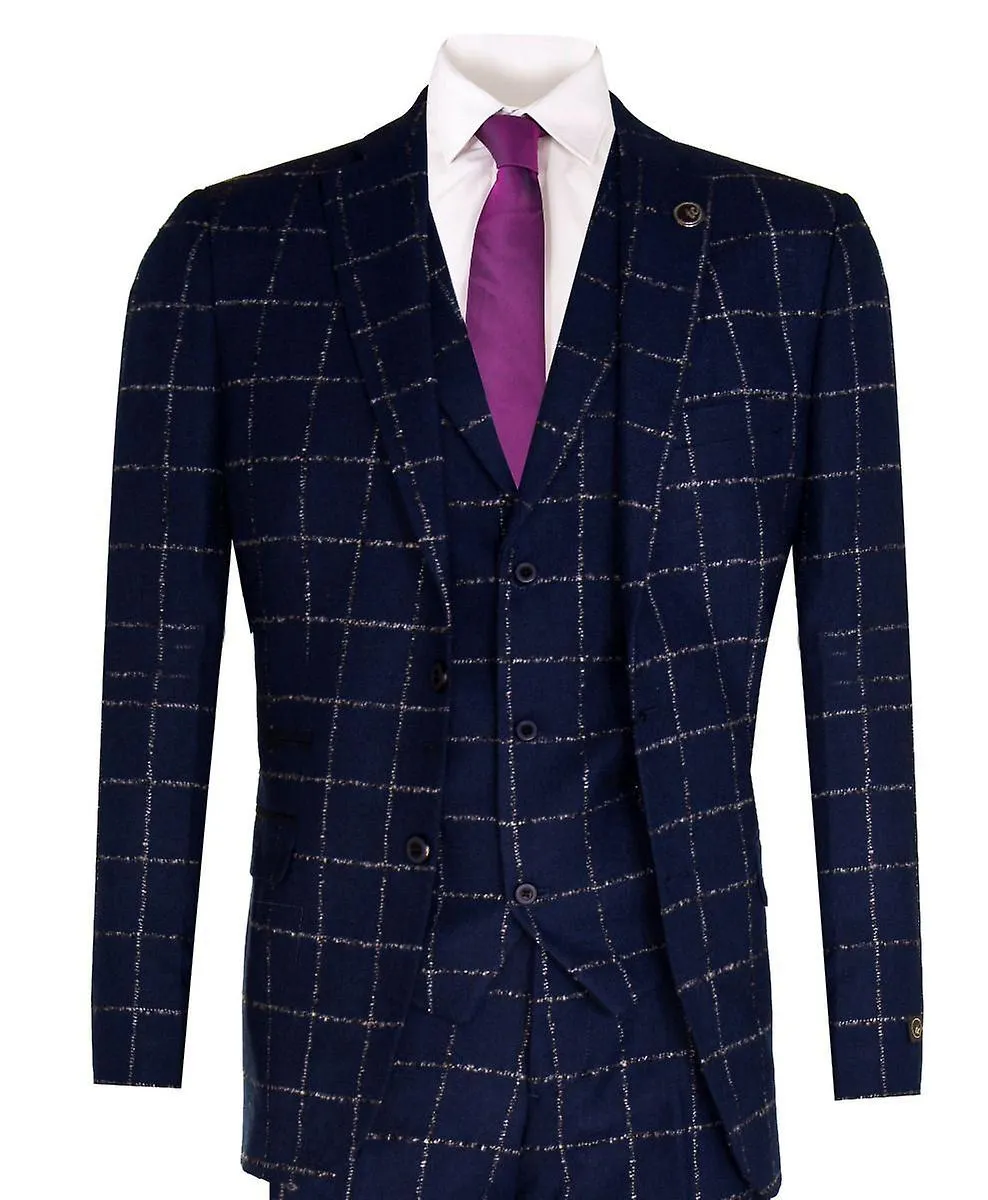 Hombre 3 Piezas Blue Tweed Suit Check Wool