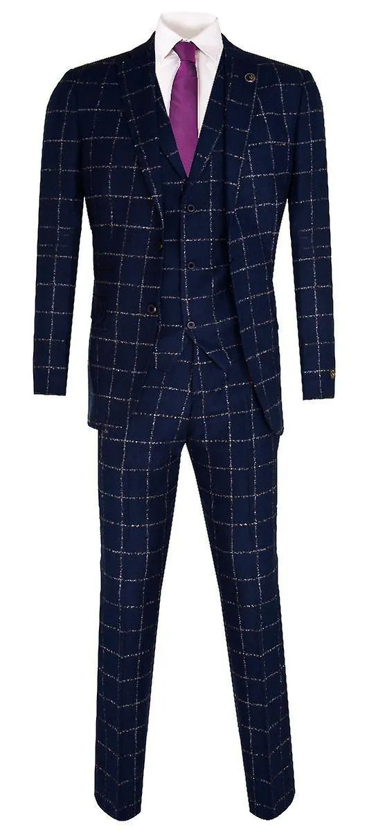 Hombre 3 Piezas Blue Tweed Suit Check Wool