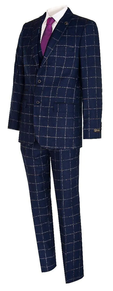 Hombre 3 Piezas Blue Tweed Suit Check Wool