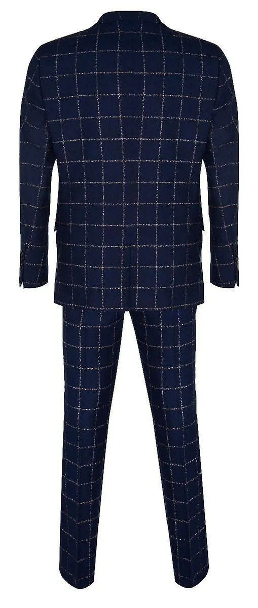 Hombre 3 Piezas Blue Tweed Suit Check Wool