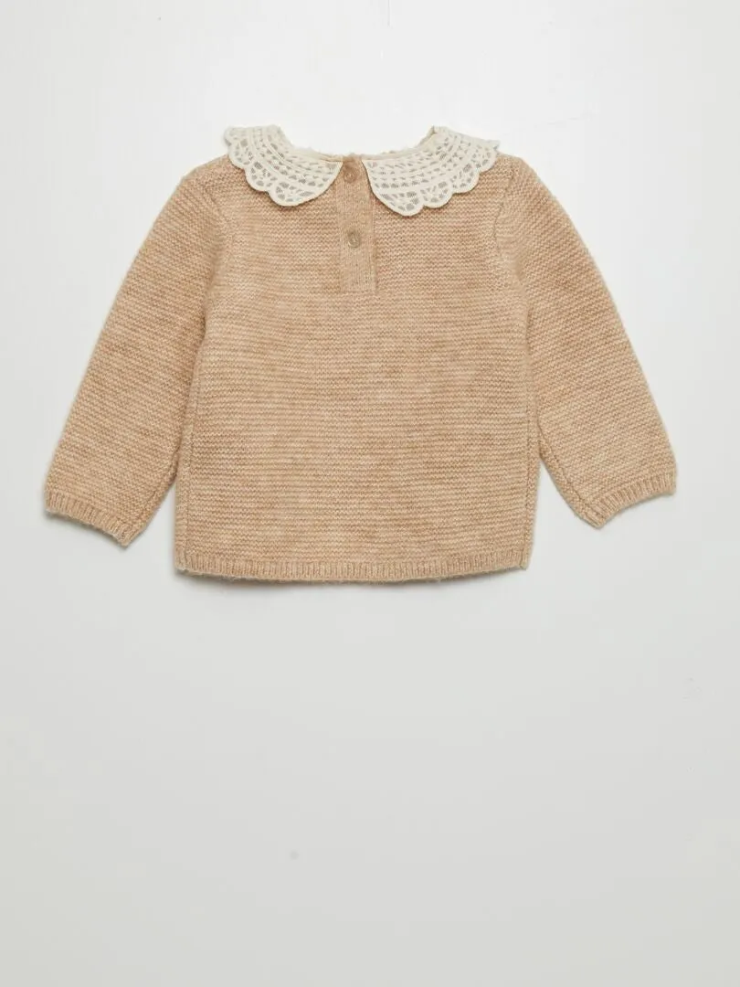 Jersey de punto bobo con cuello de fantasía - BEIGE