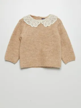 Jersey de punto bobo con cuello de fantasía - BEIGE