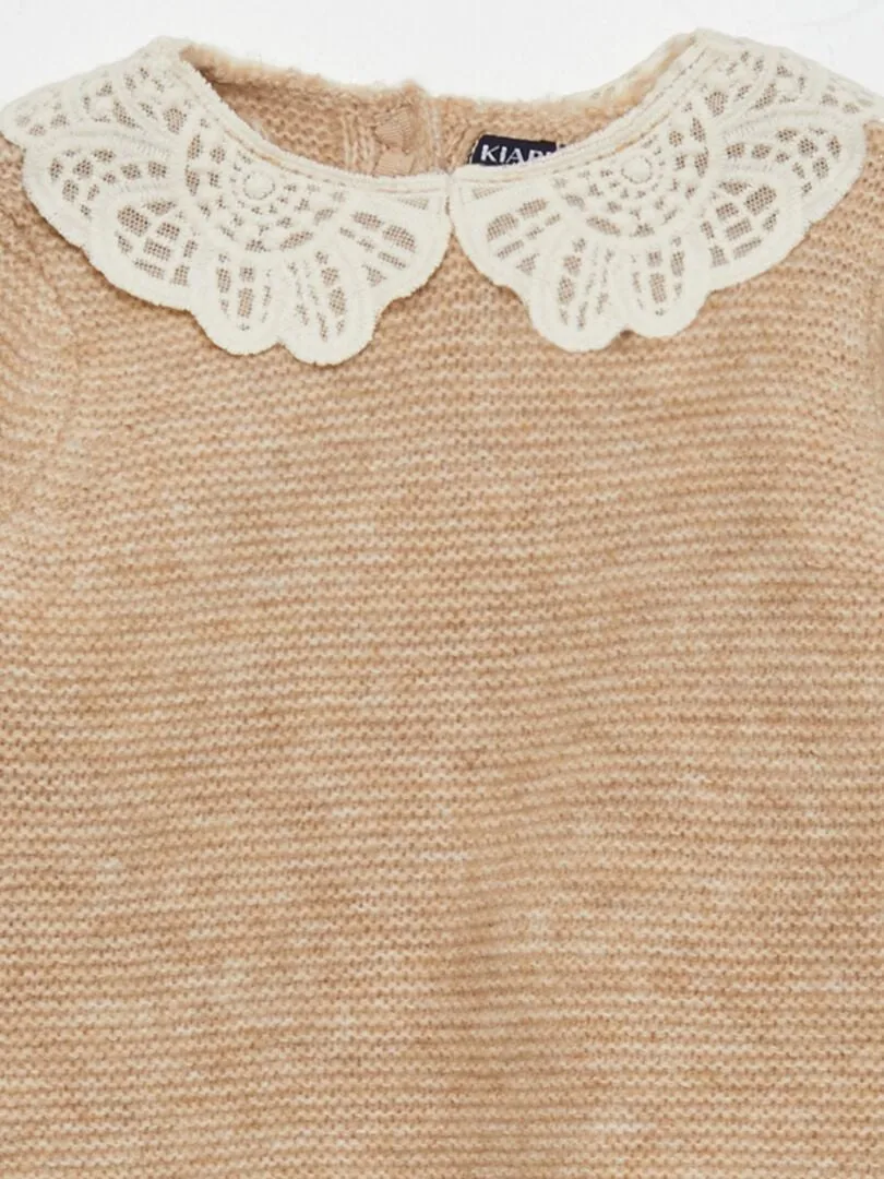 Jersey de punto bobo con cuello de fantasía - BEIGE