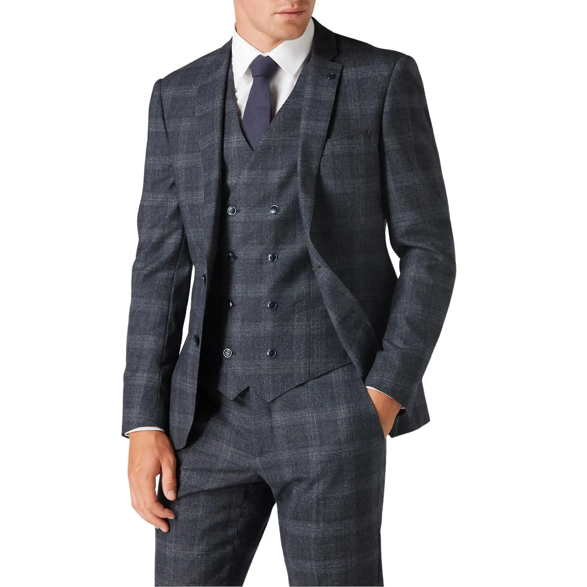 Larenzo check suit jacket - dark grey / blue