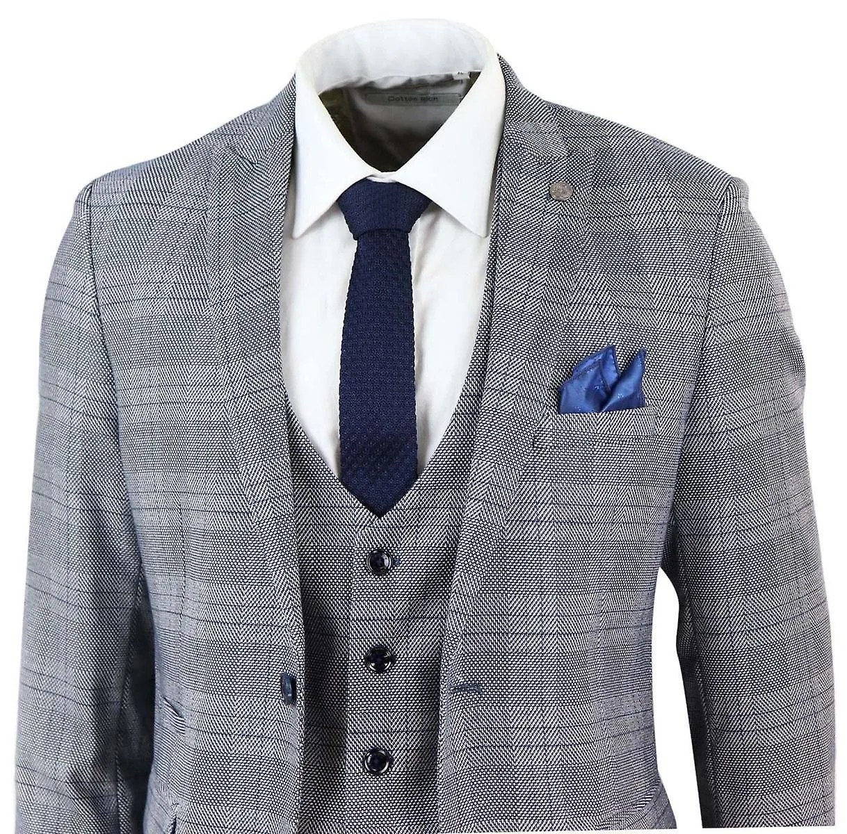 Mens 3 Piece Grey Birdseye Check Classic Suit