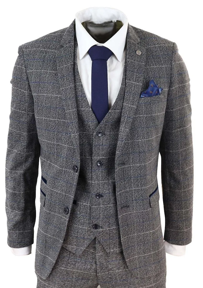 Mens 3 Piece Grey With Blue Check Vintage Classic Suit