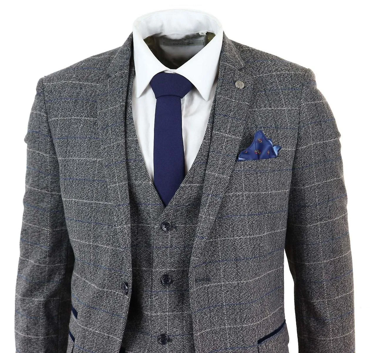 Mens 3 Piece Grey With Blue Check Vintage Classic Suit