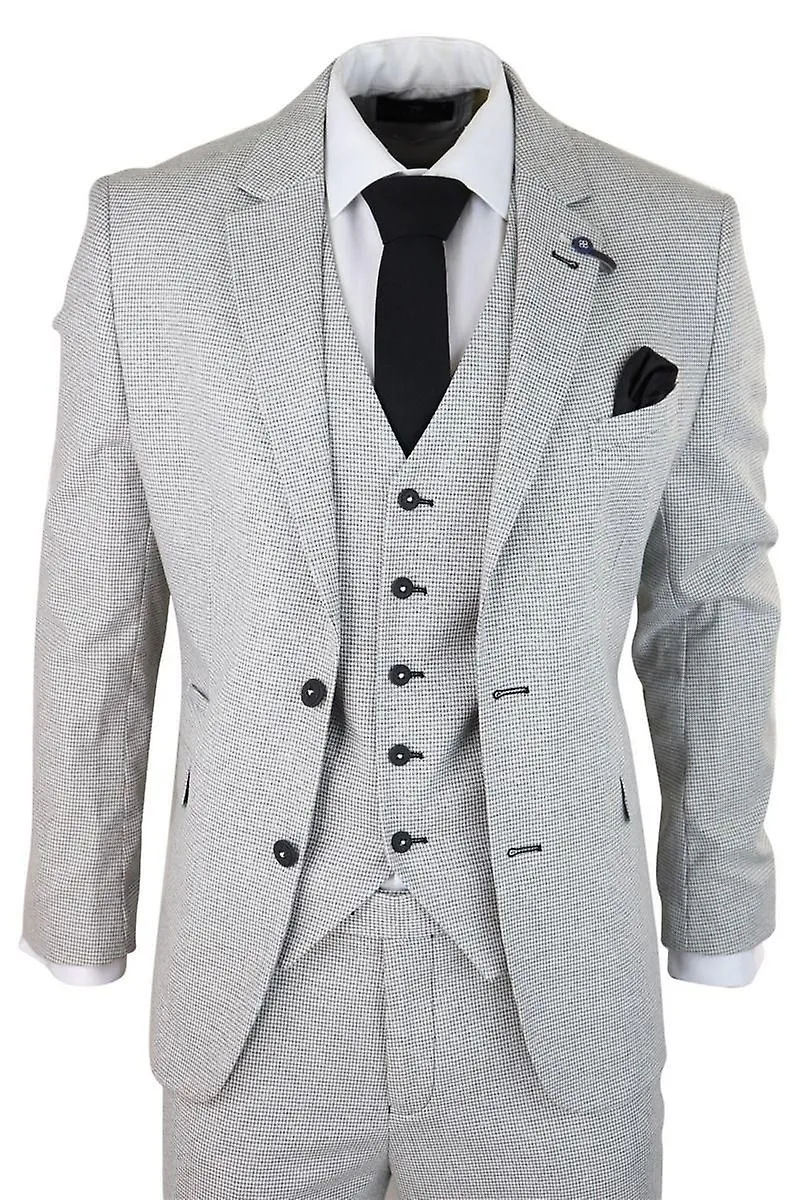 Mens 3 Piece Light Grey Check Tweed Retro Classic Suit