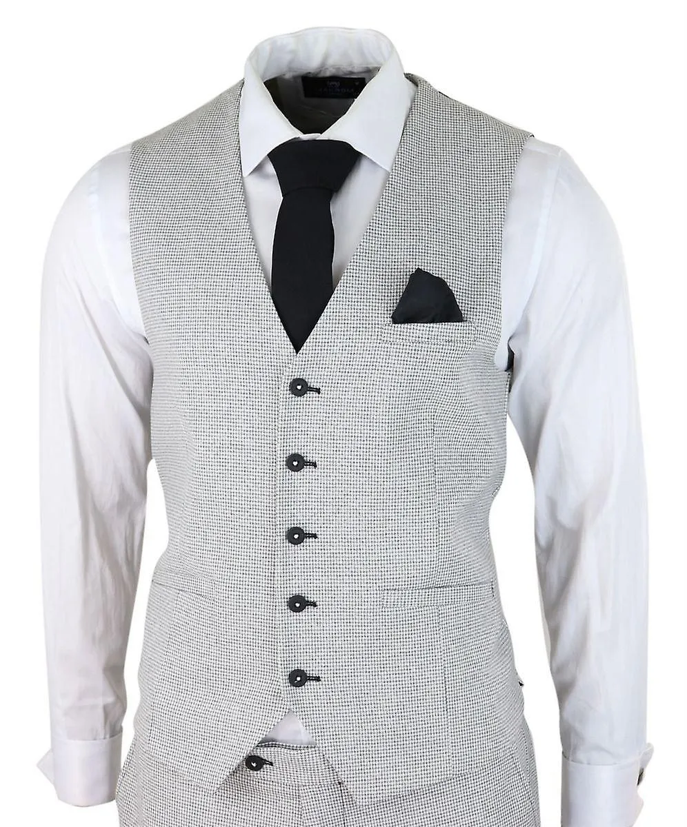 Mens 3 Piece Light Grey Check Tweed Retro Classic Suit