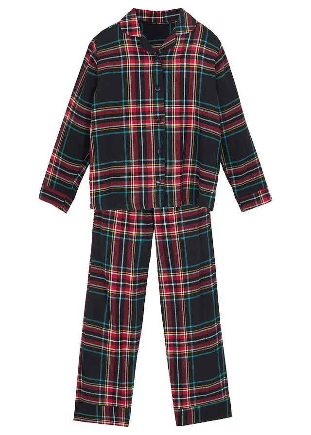 Pijama de franela infantil (conjunto de 2 piezas) Azul marino de cuadros