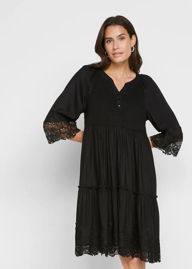 Vestido camisero de viscosa sostenible con encaje Negro