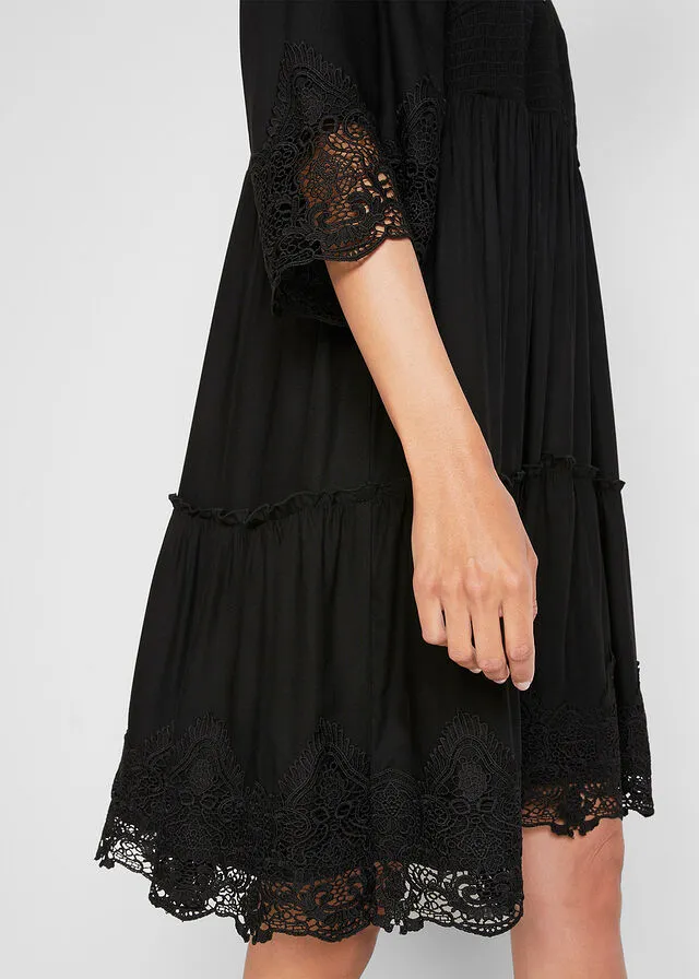 Vestido camisero de viscosa sostenible con encaje Negro