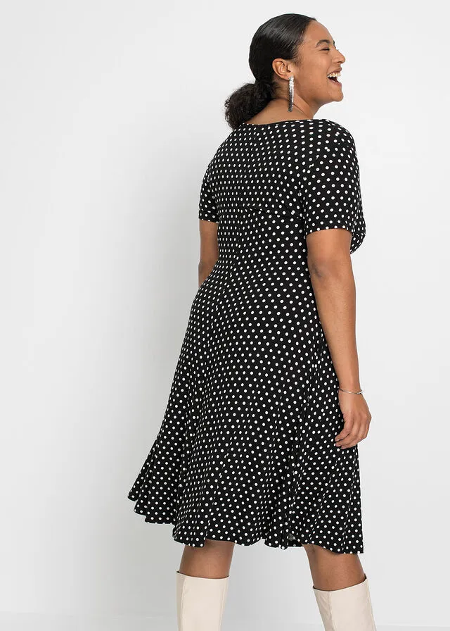 Vestido de punto de viscosa sostenible Negro-blanco de lunares