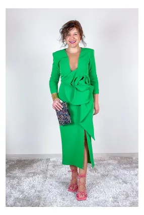 VESTIDO MIDI ESCOTE TUL + FLOR VERDE