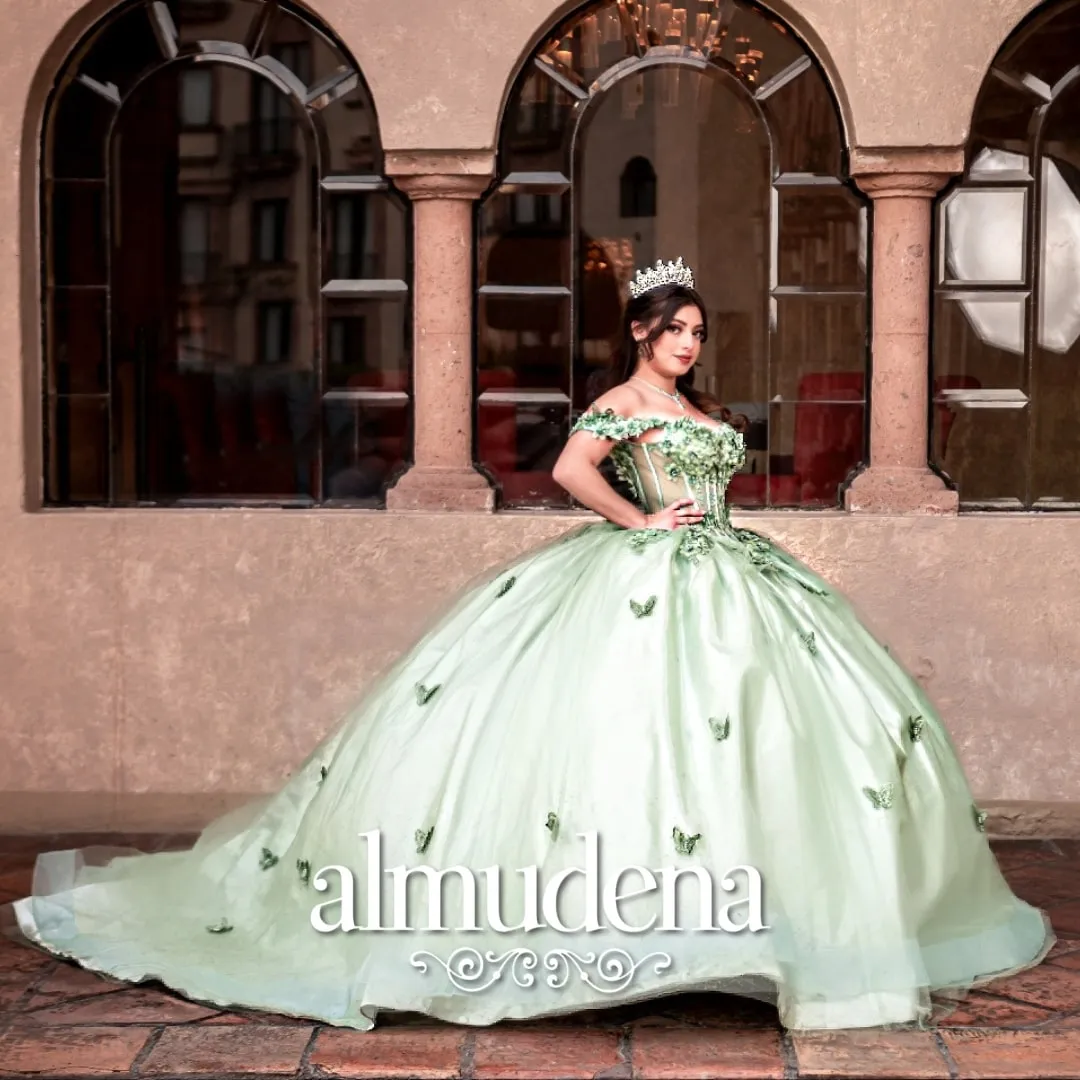 Vestido para Quinceañera Verde Olivo con Mariposas 3D