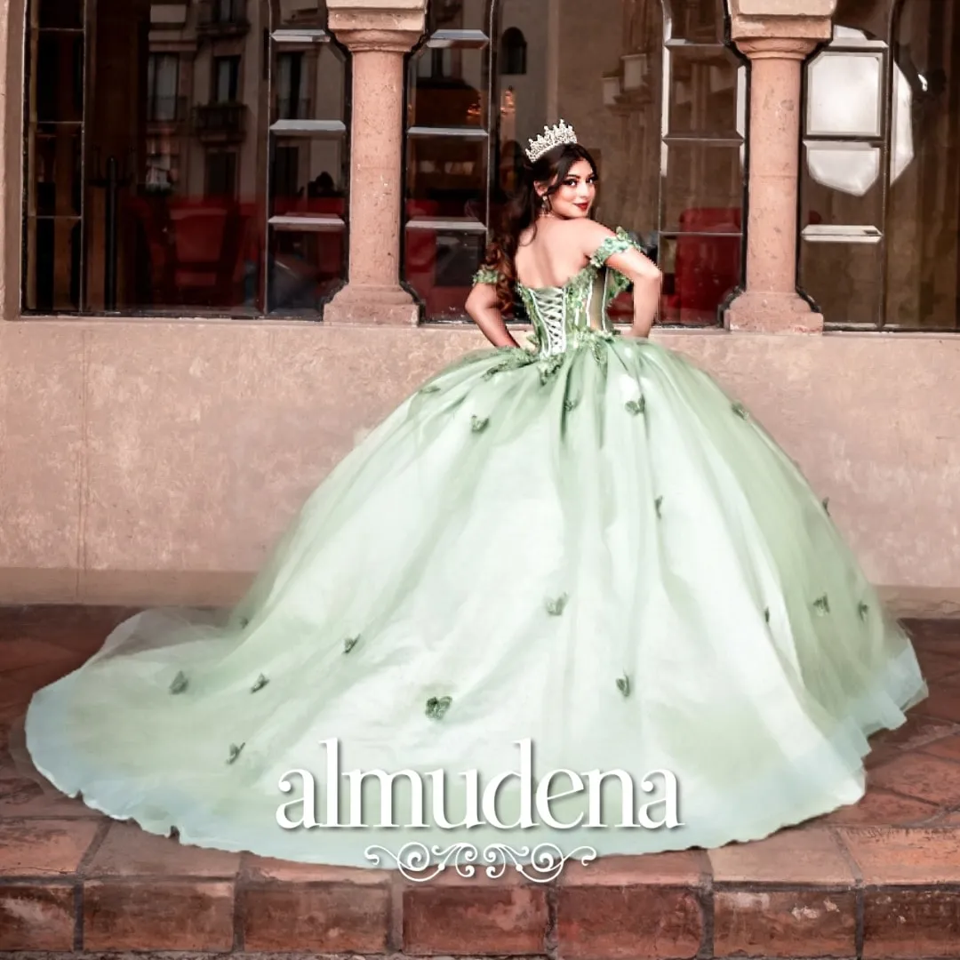 Vestido para Quinceañera Verde Olivo con Mariposas 3D