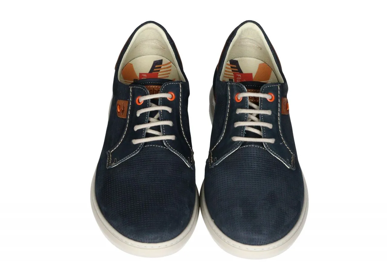 Zapato Cordon Nobuck Azul Picados Pieza Talon Cuero Pespuntes Naranja