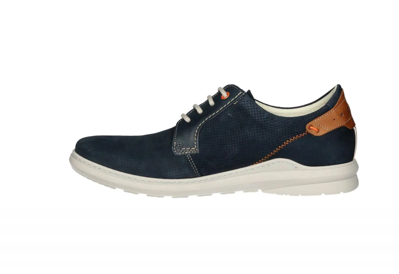 Zapato Cordon Nobuck Azul Picados Pieza Talon Cuero Pespuntes Naranja